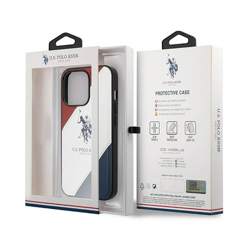 US Polo Assn Tricolor Embossed - Dėklas iPhone 14 Pro (Baltas)