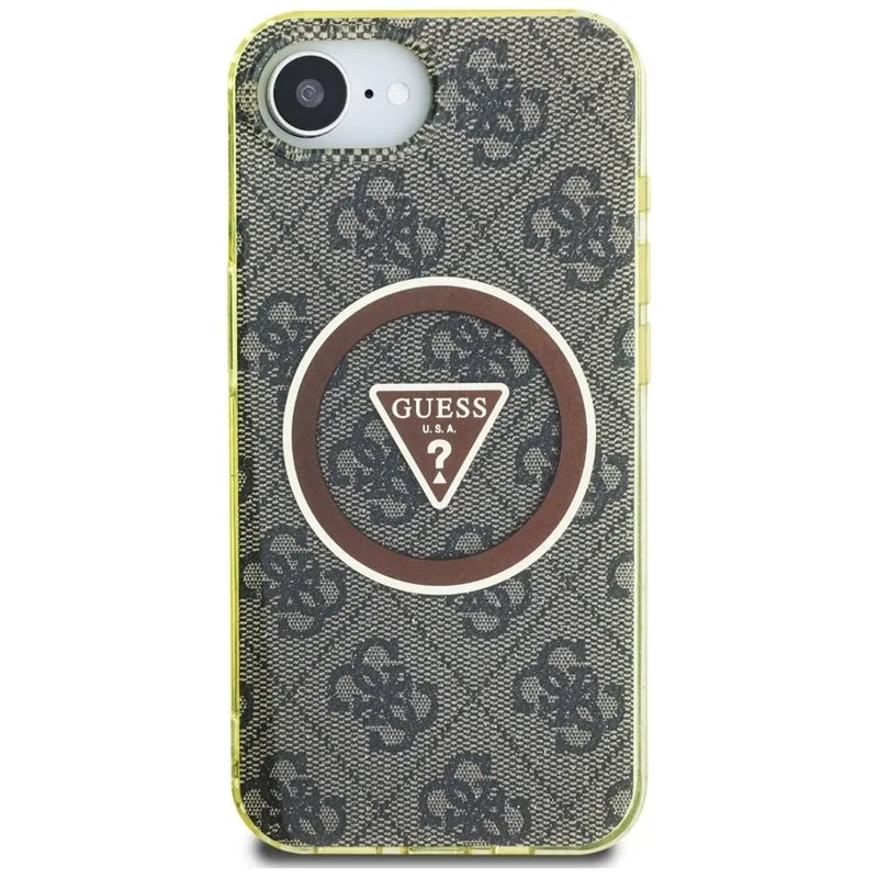 Guess IML Metal Glitter 4G Circle Triangle MagSafe – dėklas iPhone 16e (rudos spalvos)