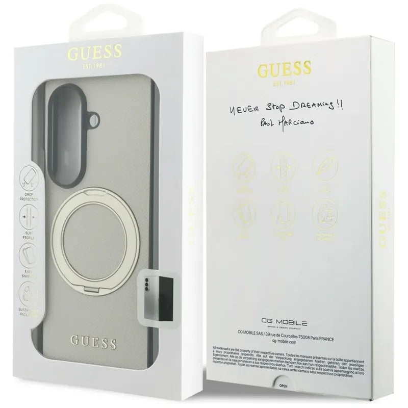 Guess Magnetic Ring Stand Grained Classic Logo MagSafe – „Samsung Galaxy Z Fold 8 Ultra“ dėklas (smėlio spalvos)