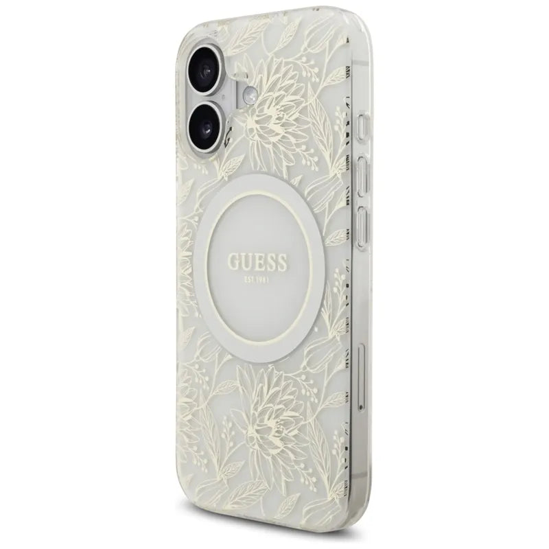 Guess IML Flowers Electro Pearl Strap MagSafe - Dėklas iPhone 17 (baltas)