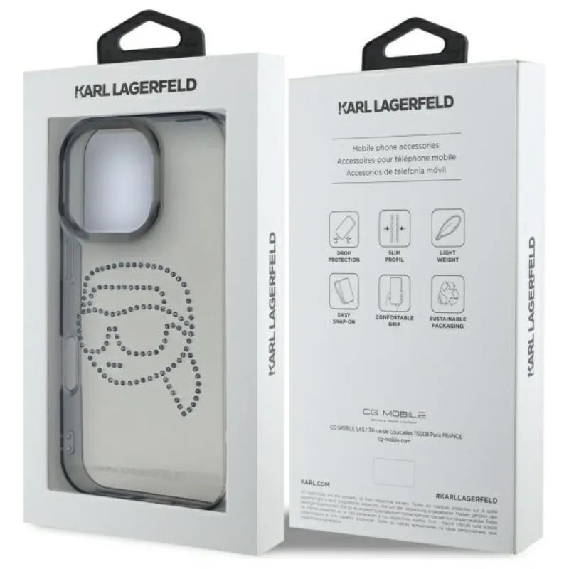 Karl Lagerfeld IML Rhinestones Karl Head – dėklas iPhone 16 Pro Max (juodas)