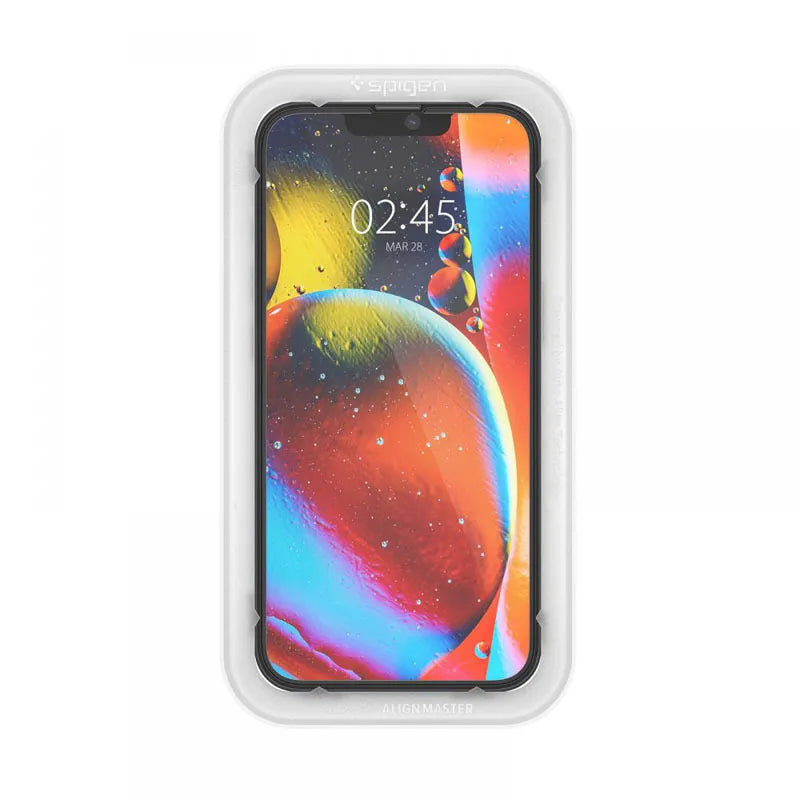 Spigen Alm Glass FC 2-Pack – grūdintas stiklas, skirtas iPhone 17e / 16e / 14 / 13 / 13 Pro, 2 vnt. (juodas rėmelis)