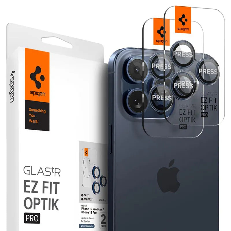 Spigen Optik Pro GLAS.TR EZ Fit kameros apsauga 2 vnt. – Apsauginis stiklas fotoaparato objektyvui, skirtas iPhone 15 Pro / iPhone 15 Pro Max / iPhone 14 Pro / iPhone 14 Pro Max (2 vnt.)