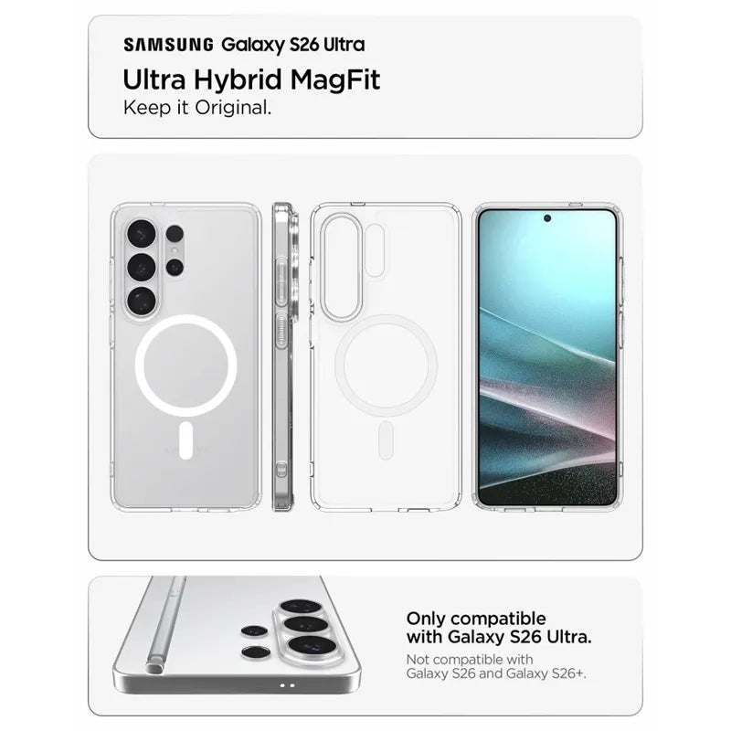 Spigen Ultra Hybrid Mag MagSafe – dėklas Samsung Galaxy S26 Ultra (skaidrus/baltas)