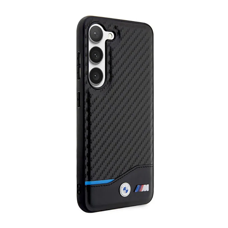 BMW Leather Carbon Blue Line – dėklas Samsung Galaxy S23+ (juodas)