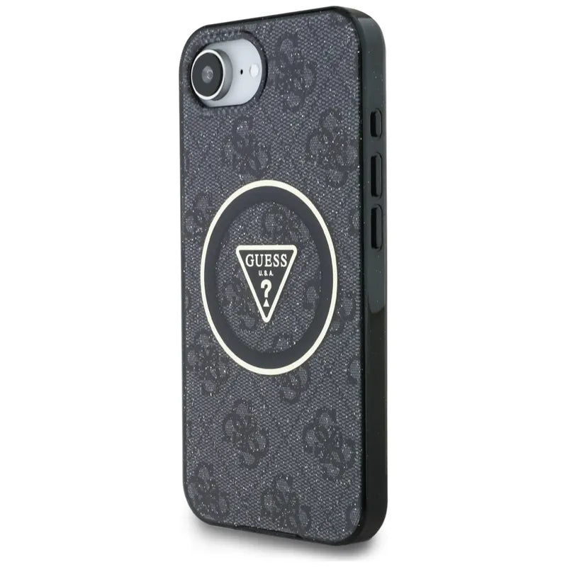 Guess IML Metal Glitter 4G Circle Triangle MagSafe – dėklas iPhone 16e telefonui (juodas)