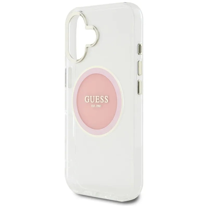 Guess IML Metal Colored Circle Classic Logo MagSafe - Dėklas iPhone 16 (rožinis)