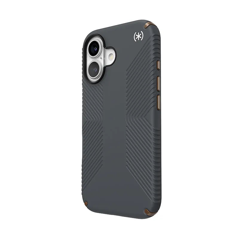Speck Presidio2 Grip – dėklas iPhone 16 telefonui (Charcoal Gray / Cool Bronze / White)
