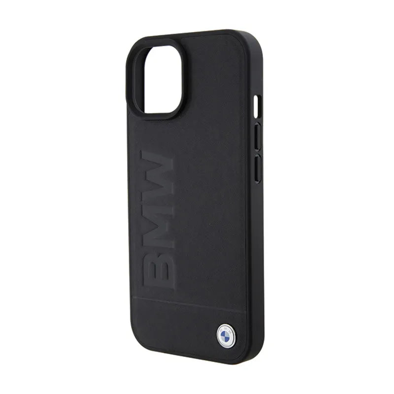 BMW Leather Hot Stamp MagSafe – dėklas iPhone 15 Plus (juodas)