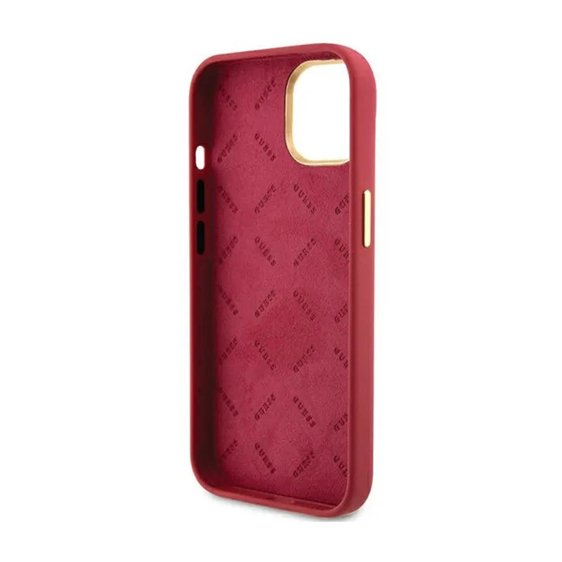 Guess Silicone Script Metal Logo & Frame dėklas iPhone 15 telefonui (purpurinis)