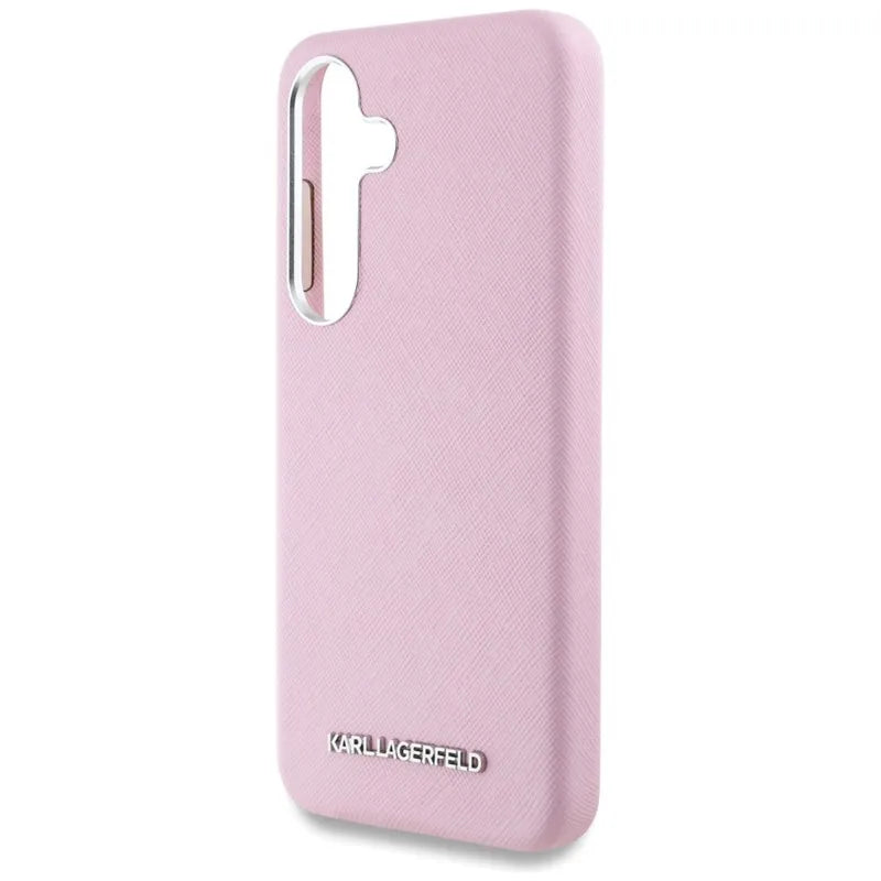 Karl Lagerfeld Saffiano Full Wrapped Elongated Metal Logo MagSafe dėklas, skirtas Samsung Galaxy S25+ (rožinis)