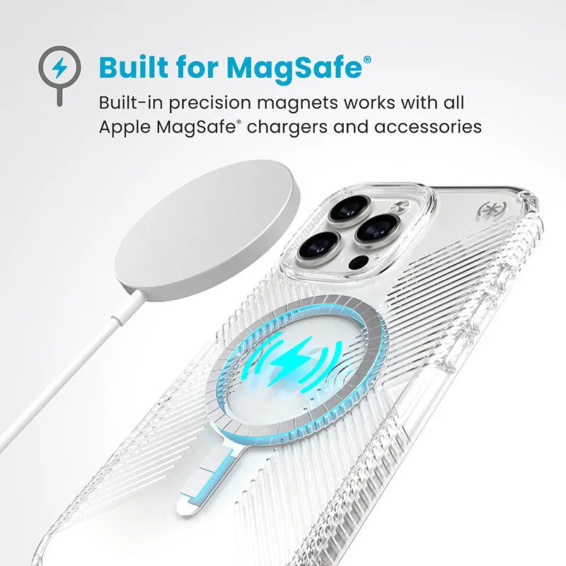 Speck Presidio Perfect-Clear Grip MagSafe – dėklas iPhone 16 Pro Max (skaidrus / chromuota apdaila / Serene Silver)