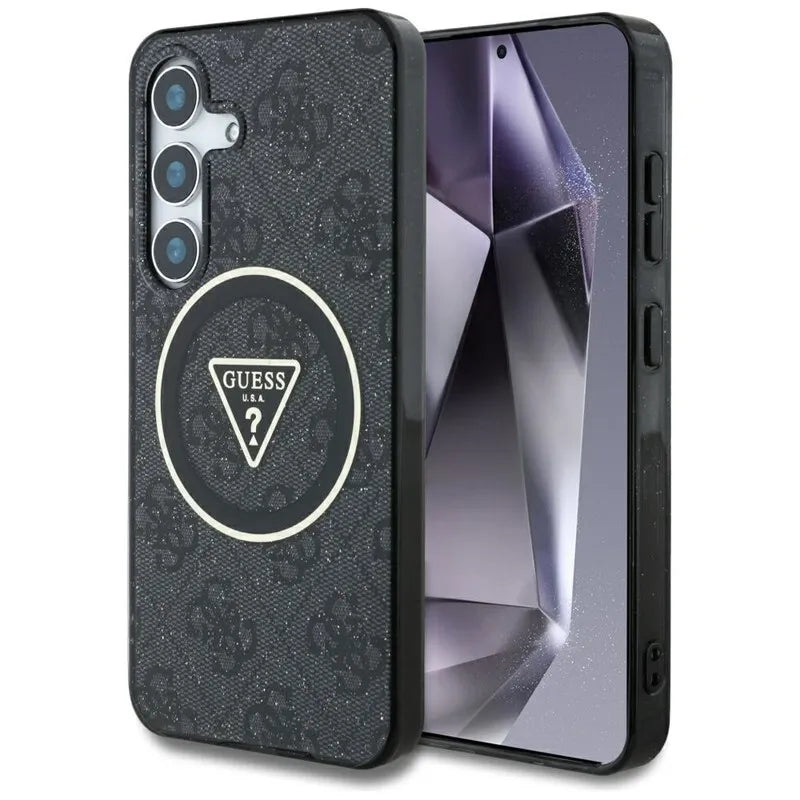 Guess 4G Glitter Triangle Buttons MagSafe – dėklas Samsung Galaxy S25+ (juodas)