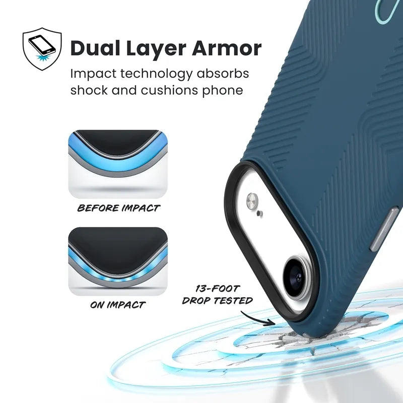 Speck Presidio2 Grip ClickLock & MagSafe – iPhone Air dėklas (Deep Sea / Silver Metallic / Spell Blue)