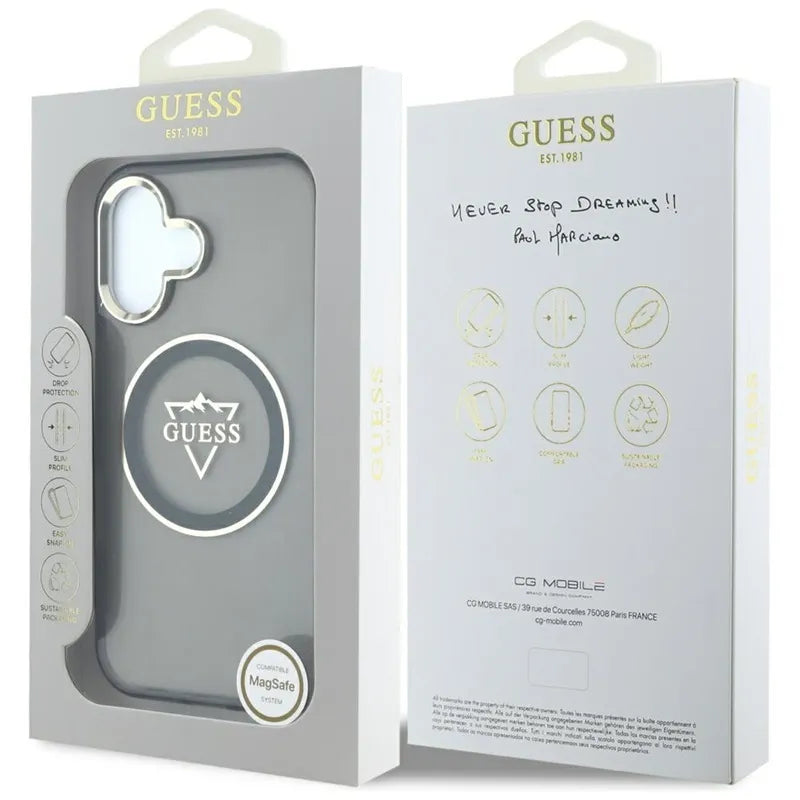 Guess IML Metal Mountain Logo MagSafe – Dėklas skirtas iPhone 16 (juodas)