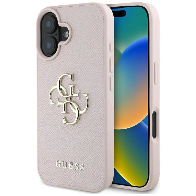 Guess Grained Big 4G Logo Small Classic Logo – dėklas iPhone 16 (rožinis)
