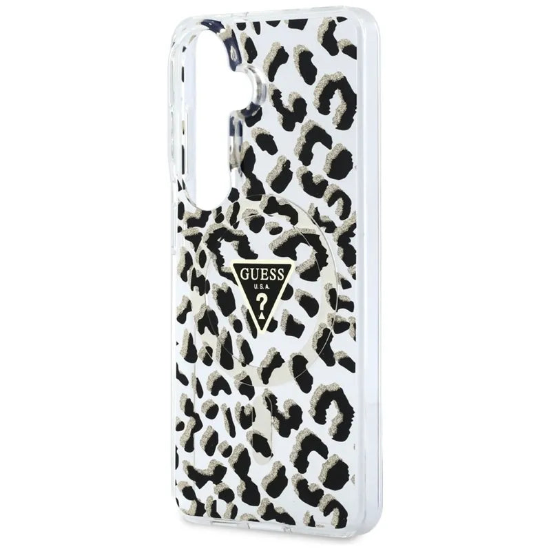Guess IML Leopard Print Triangle MagSafe – Samsung Galaxy S26 dėklas (juodas)