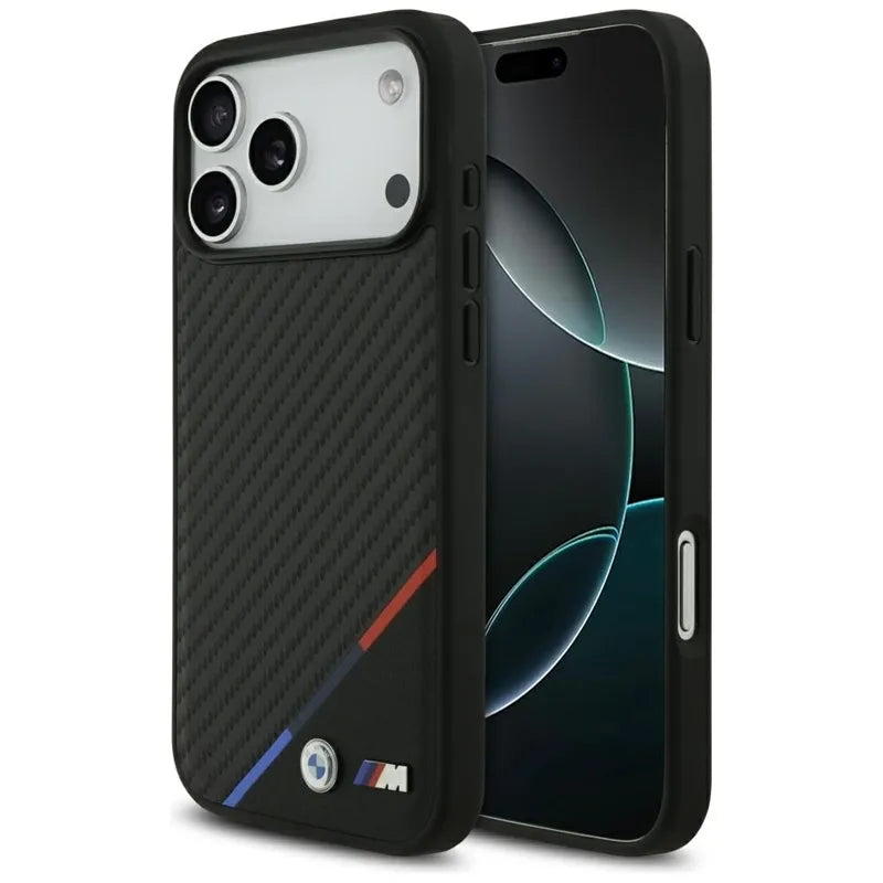 BMW M Carbon Tricolor Line MagSafe – dėklas iPhone 17 Pro Max (juodas)