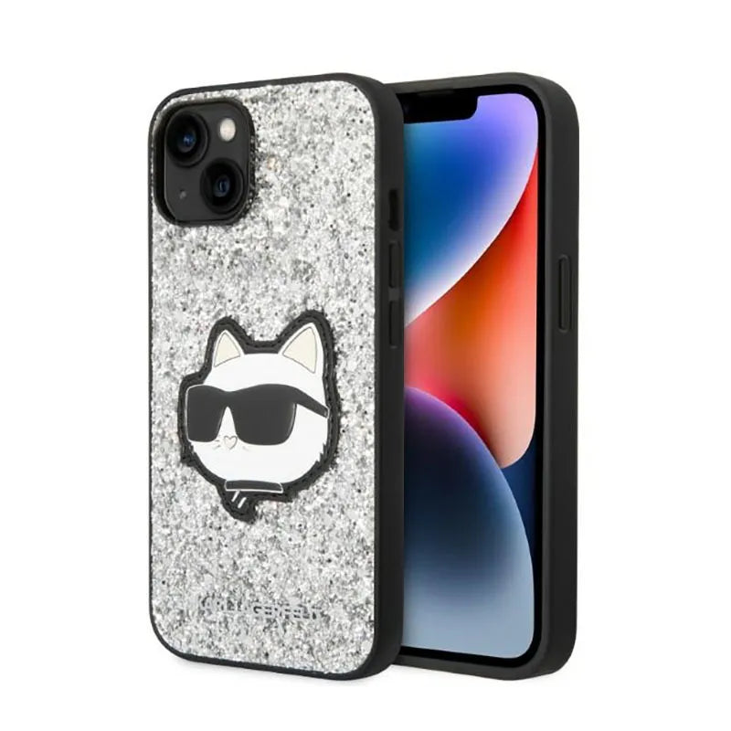 Karl Lagerfeld NFT Glitter Choupette Patch – dėklas iPhone 14 (sidabrinis)