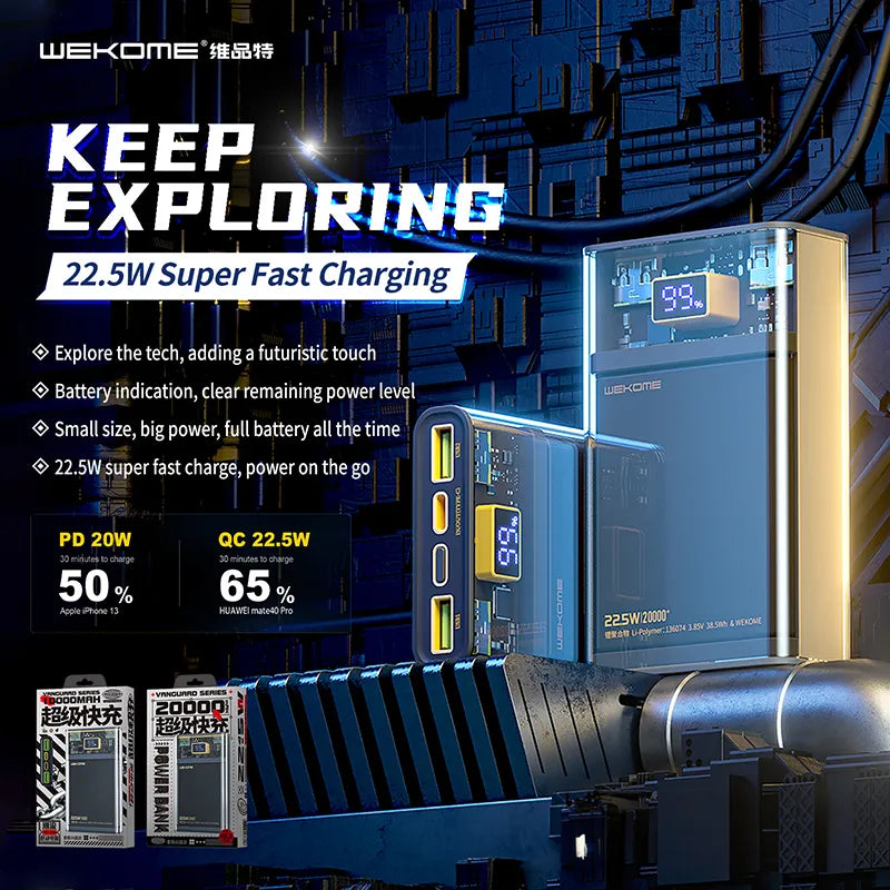 WEKOME WP-321 Vanguard Series – 20000 mAh išorinė baterija, itin greitas įkrovimas, PD 20W + QC 22.5W (juoda / skaidri)