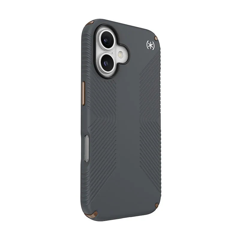 Speck Presidio2 Grip – dėklas iPhone 16 telefonui (Charcoal Gray / Cool Bronze / White)
