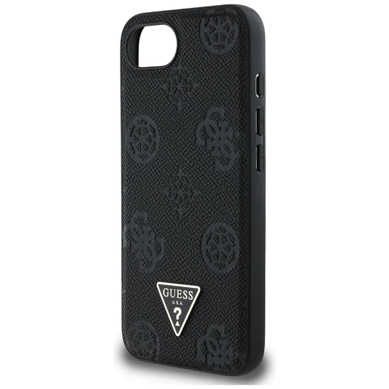 Guess Grained Hot Stamp Peony Triangle Logo MagSafe – Dėklas iPhone 16e telefonui (juodas)