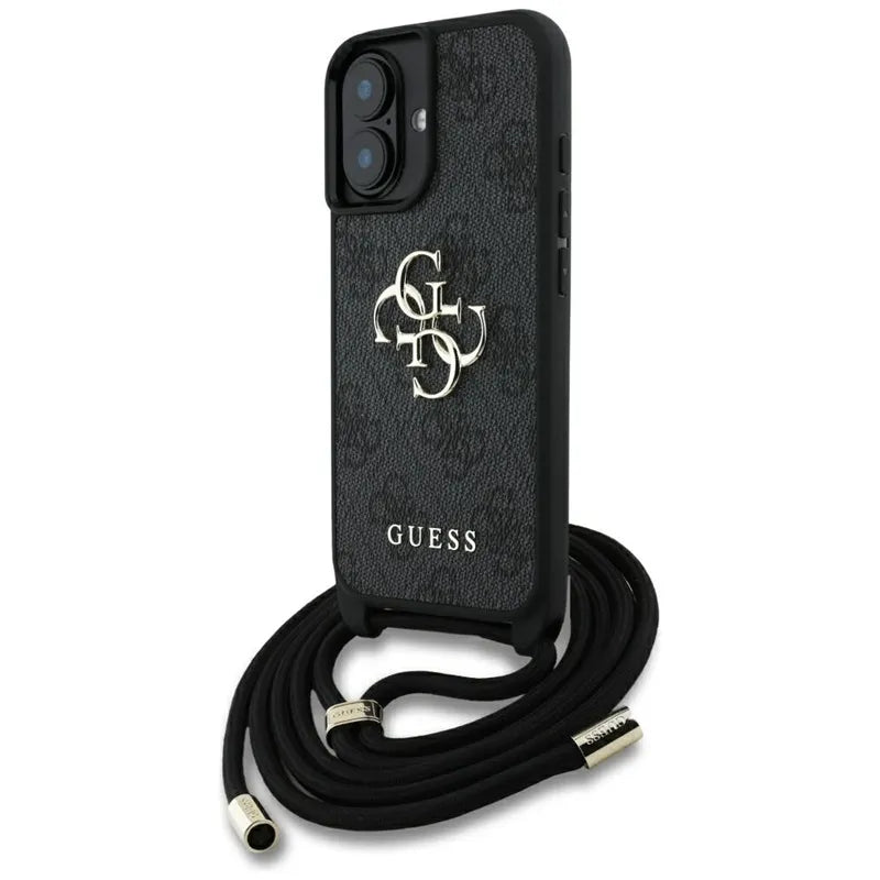 „Guess 4G Big Logo Cord Strap Crossbody“ – dėklas „iPhone 16 Plus“ (juodas)