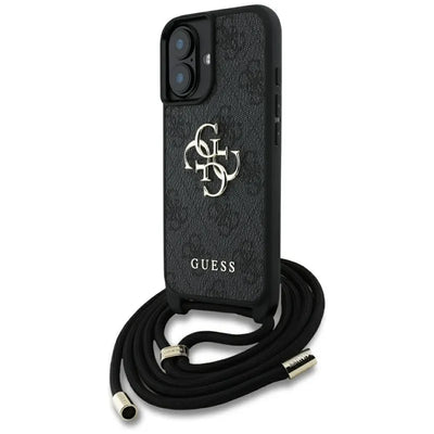 „Guess 4G Big Logo Cord Strap Crossbody“ – dėklas „iPhone 16 Plus“ (juodas)