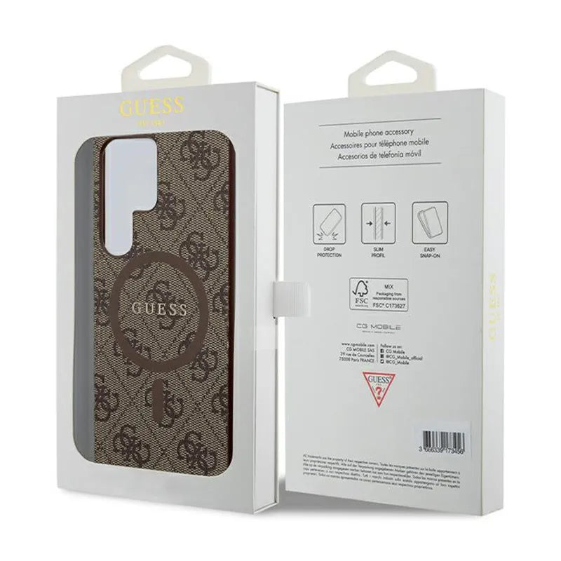 Guess 4G Collection Leather Metal Logo MagSafe – dėklas Samsung Galaxy S24 Ultra (rudos spalvos)