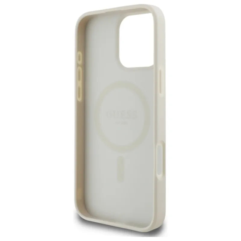 Guess Grained Ring MagSafe – Dėklas iPhone 16 Pro Max (smėlio spalvos)