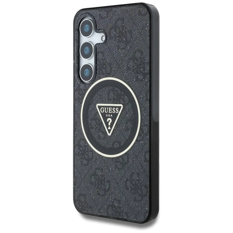 Guess 4G Glitter Triangle Buttons MagSafe – dėklas Samsung Galaxy S25+ (juodas)