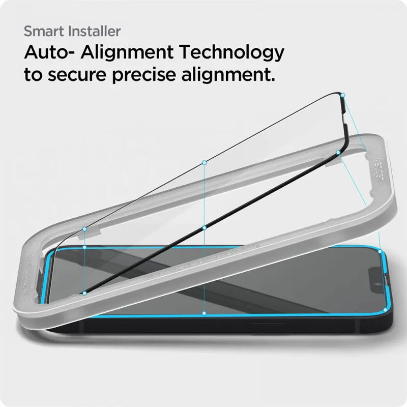 Spigen Alm Glass FC 2-Pack – grūdintas stiklas, skirtas iPhone 17e / 16e / 14 / 13 / 13 Pro, 2 vnt. (juodas rėmelis)