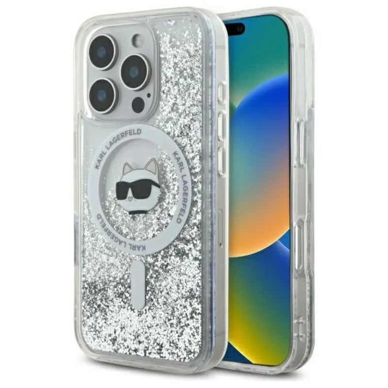 Karl Lagerfeld Liquid Glitter Choupette Head MagSafe – Dėklas iPhone 16 Pro Max (skaidrus)