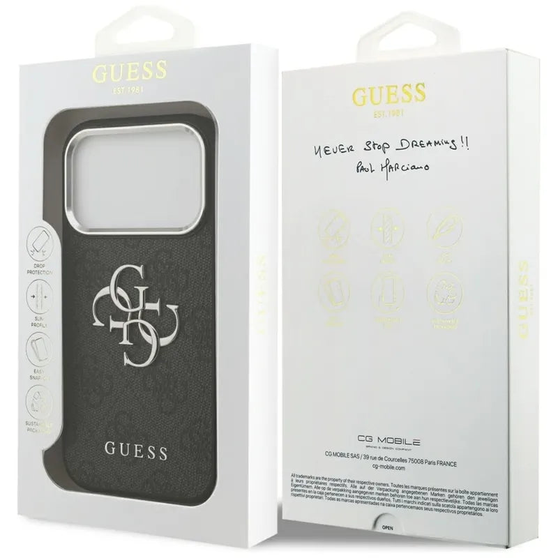 Guess 4G Big 4G Classic Logo – dėklas iPhone 17 Pro (juodas / sidabrinis)