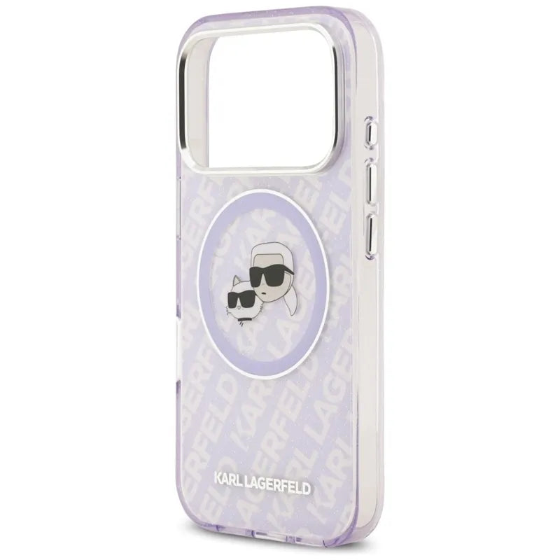 Karl Lagerfeld IML Glitter Karl & Choupette Heads Logo MagSafe - Dėklas iPhone 17 Pro (violetinis)