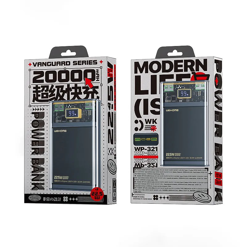 WEKOME WP-321 Vanguard Series – 20000 mAh išorinė baterija, itin greitas įkrovimas, PD 20W + QC 22.5W (juoda / skaidri)