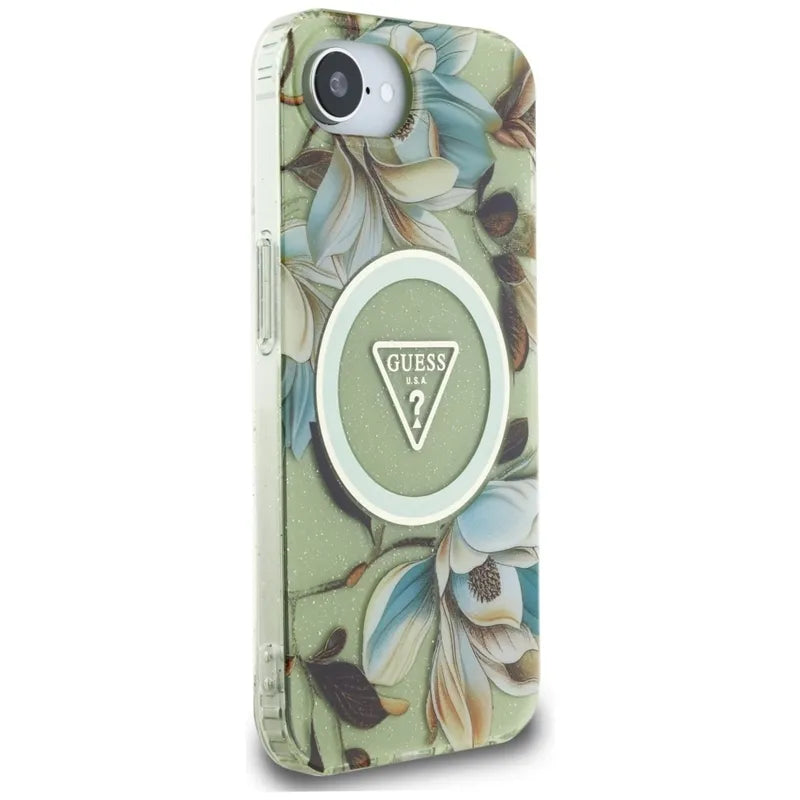 Guess IML Metal Glitter Flowers Triangle MagSafe – dėklas iPhone 16e telefonui (žalias)