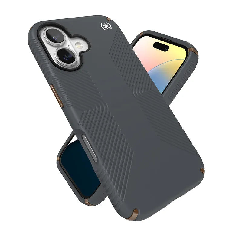 Speck Presidio2 Grip – dėklas iPhone 16 telefonui (Charcoal Gray / Cool Bronze / White)