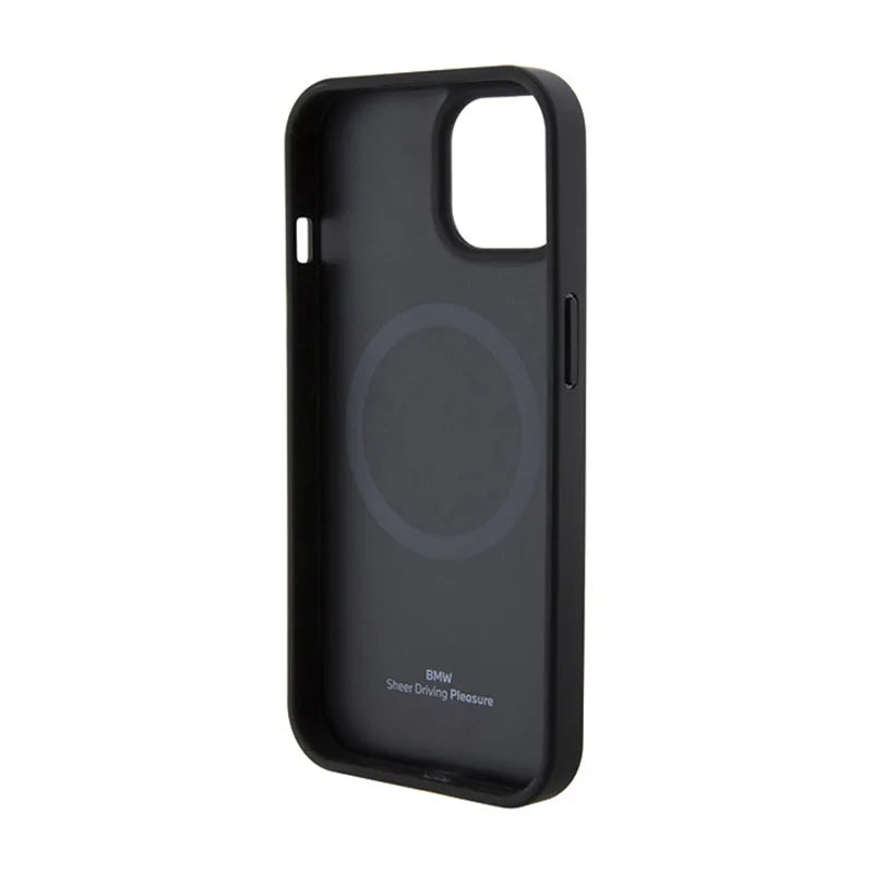BMW Leather Hot Stamp MagSafe – dėklas iPhone 15 Plus (juodas)