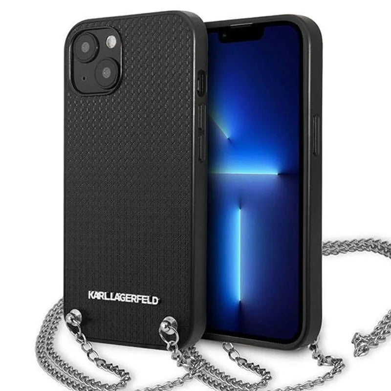 Karl Lagerfeld Leather Textured and Chain – dėklas skirtas iPhone 13 mini (juodas)