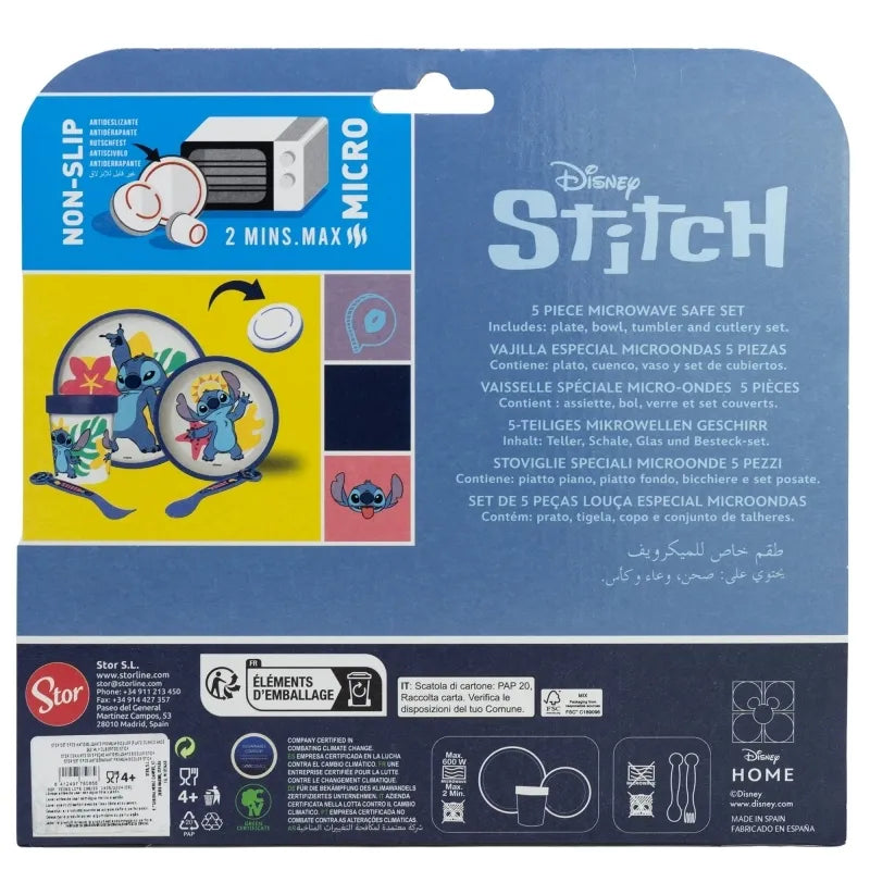 Disney Stitch – Neslystantis mikrobangų krosnelei skirtas indų rinkinys, 5 dalių (lėkštė, dubenėlis, puodelis, šakutė, šaukštas)