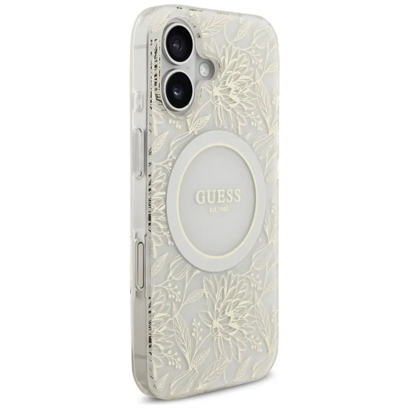 Guess IML Flowers Electro Pearl Strap MagSafe - Dėklas iPhone 17 (baltas)