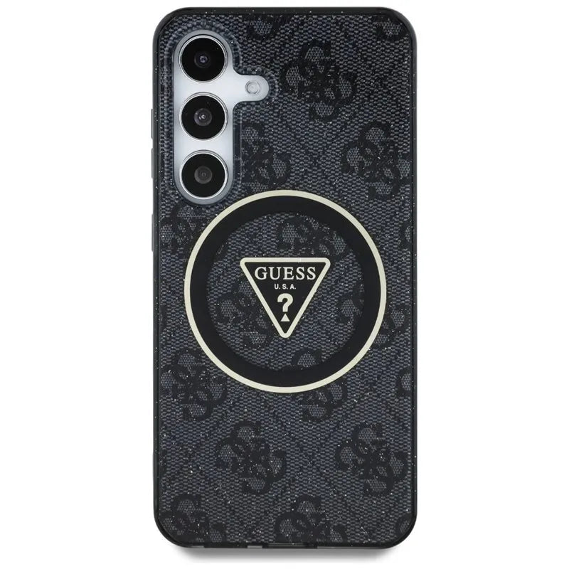 Guess 4G Glitter Triangle Buttons MagSafe – dėklas Samsung Galaxy S25+ (juodas)