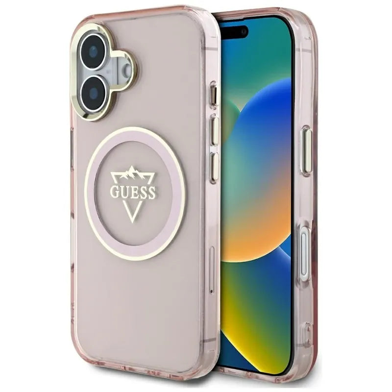 Guess IML Metal Mountain Logo MagSafe – Dėklas iPhone 16 (rožinis)