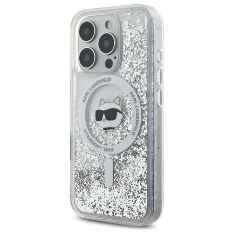 Karl Lagerfeld Liquid Glitter Choupette Head MagSafe – Dėklas iPhone 16 Pro Max (skaidrus)