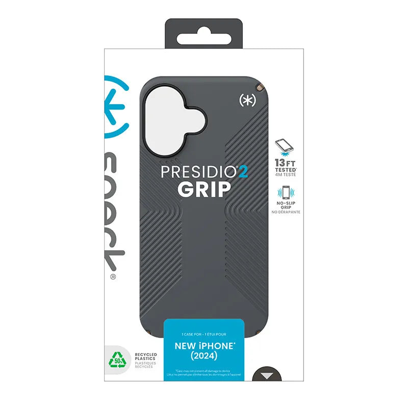 Speck Presidio2 Grip – dėklas iPhone 16 telefonui (Charcoal Gray / Cool Bronze / White)