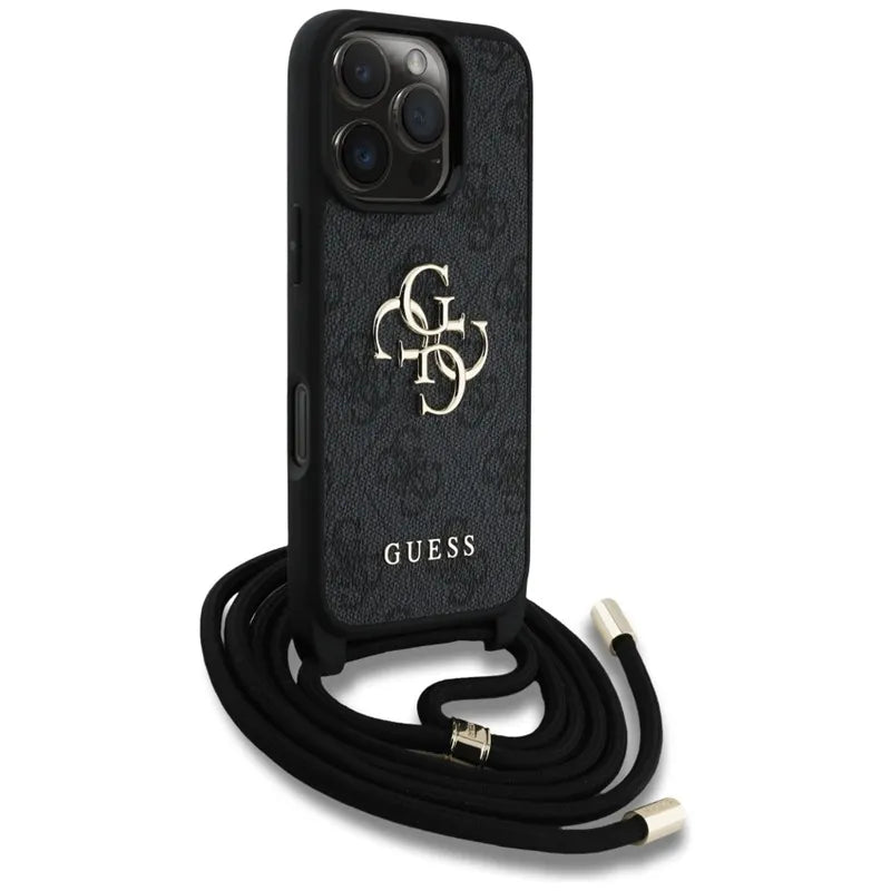 Guess 4G Big Logo Cord Strap Crossbody – dėklas iPhone 16 Pro (juodas)