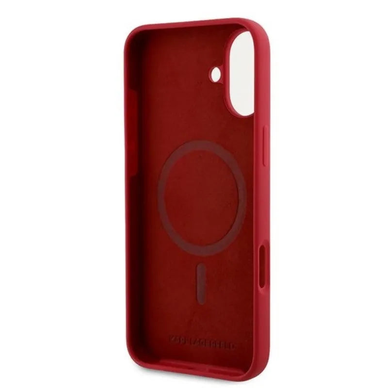 Karl Lagerfeld Silicone Karl & Choupette Ring MagSafe – dėklas iPhone 16 Plus (raudonas)