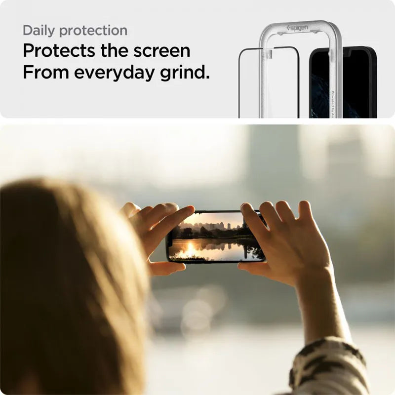 Spigen Alm Glass FC 2-Pack – grūdintas stiklas, skirtas iPhone 17e / 16e / 14 / 13 / 13 Pro, 2 vnt. (juodas rėmelis)