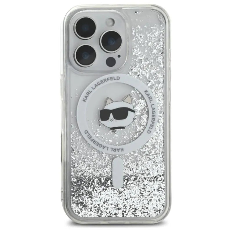 Karl Lagerfeld Liquid Glitter Choupette Head MagSafe – Dėklas iPhone 16 Pro Max (skaidrus)
